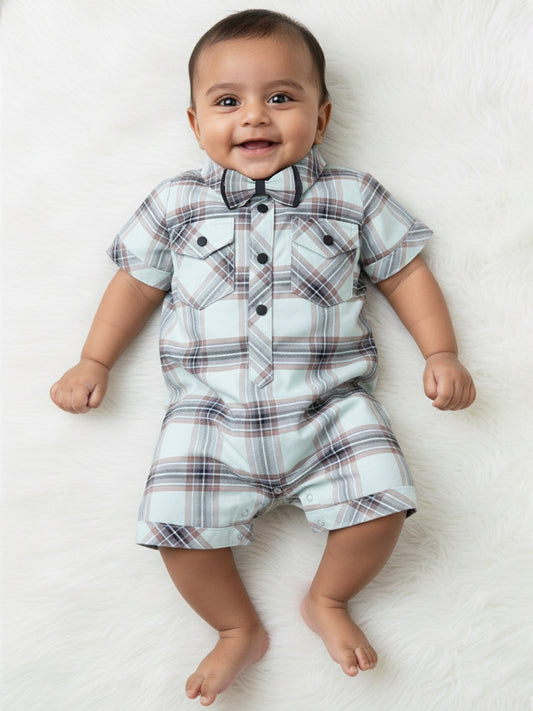 Polka Tots Half Sleeve Checks print Shirt Romper with Bow - Green