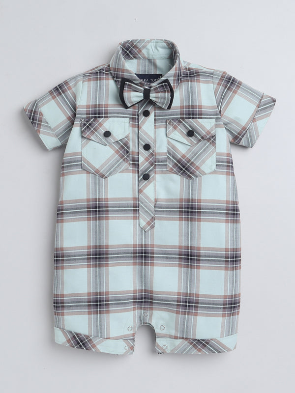 Polka Tots Half Sleeve Checks print Shirt Romper with Bow - Green