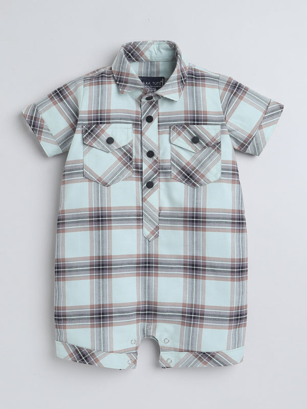 Polka Tots Half Sleeve Checks print Shirt Romper with Bow - Green