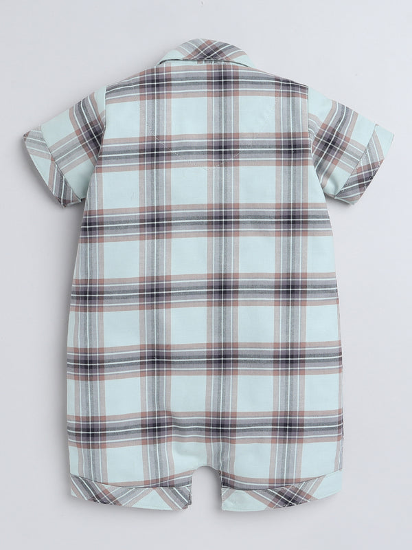 Polka Tots Half Sleeve Checks print Shirt Romper with Bow - Green