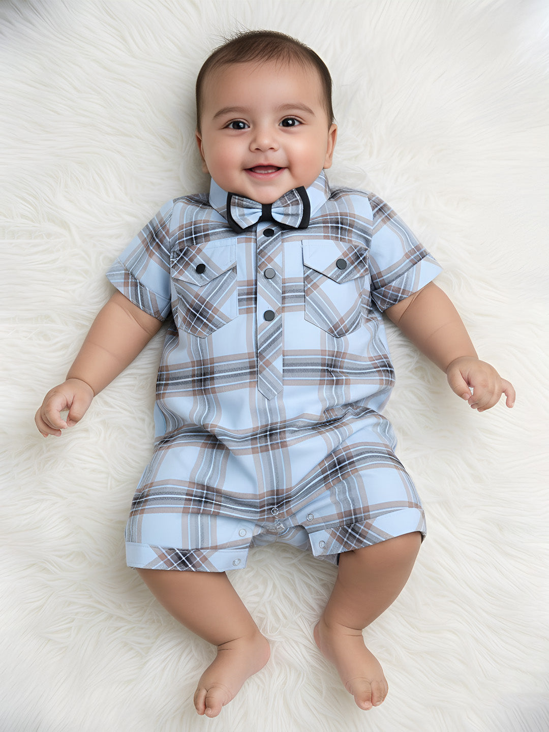 Polka Tots Half Sleeve Checks print Shirt Romper with Bow - Blue