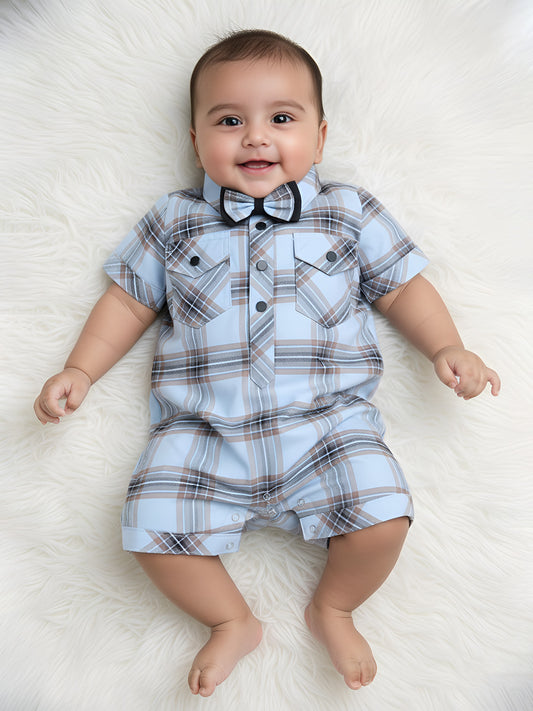 Polka Tots Half Sleeve Checks print Shirt Romper with Bow - Blue