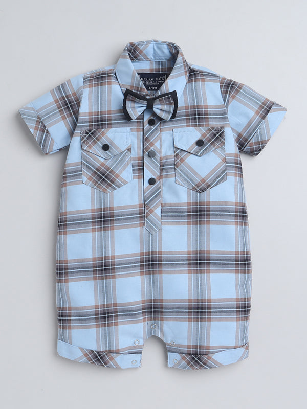 Polka Tots Half Sleeve Checks print Shirt Romper with Bow - Blue