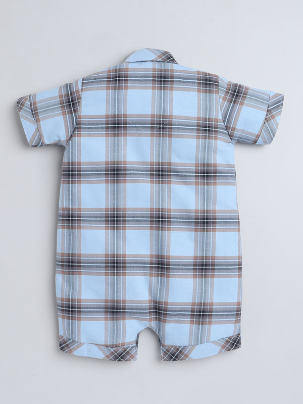 Polka Tots Half Sleeve Checks print Shirt Romper with Bow - Blue