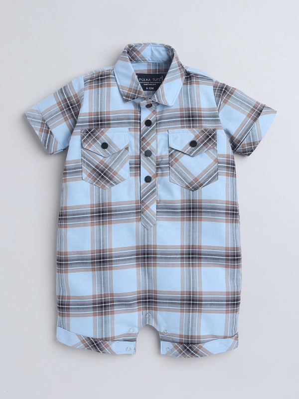 Polka Tots Half Sleeve Checks print Shirt Romper with Bow - Blue
