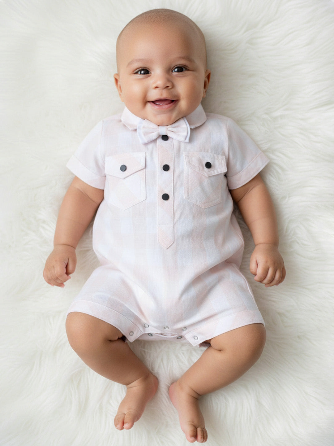 Polka Tots Half Sleeve Checks print Shirt Romper with Bow - Orange