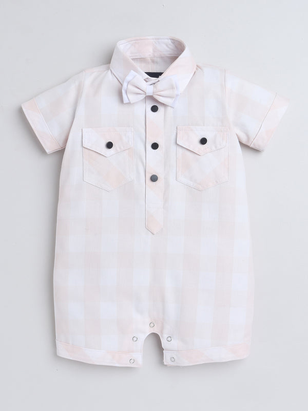 Polka Tots Half Sleeve Checks print Shirt Romper with Bow - Orange