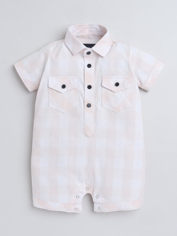 Polka Tots Half Sleeve Checks print Shirt Romper with Bow - Orange