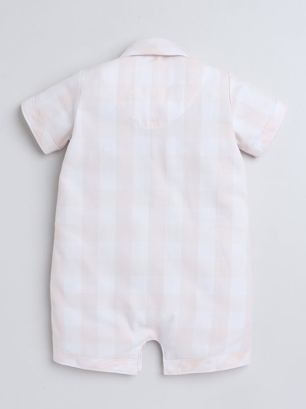 Polka Tots Half Sleeve Checks print Shirt Romper with Bow - Orange