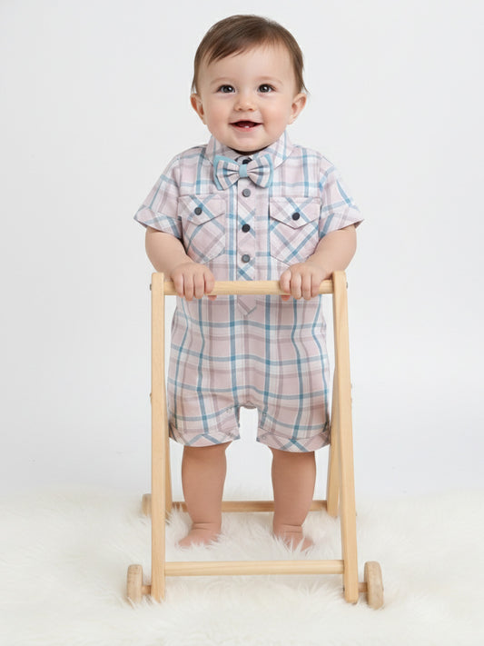 Polka Tots Half Sleeve Checks print Shirt Romper with Bow - Mauve