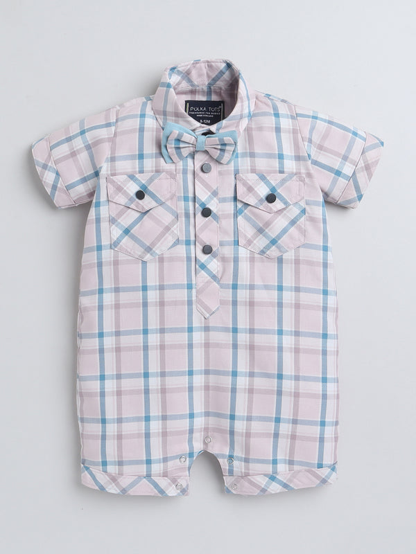 Polka Tots Half Sleeve Checks print Shirt Romper with Bow - Mauve