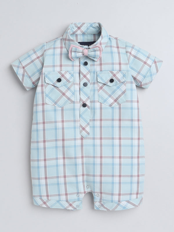Polka Tots Half Sleeve Checks print Shirt Romper with Bow - Turquoise