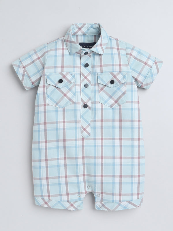 Polka Tots Half Sleeve Checks print Shirt Romper with Bow - Turquoise