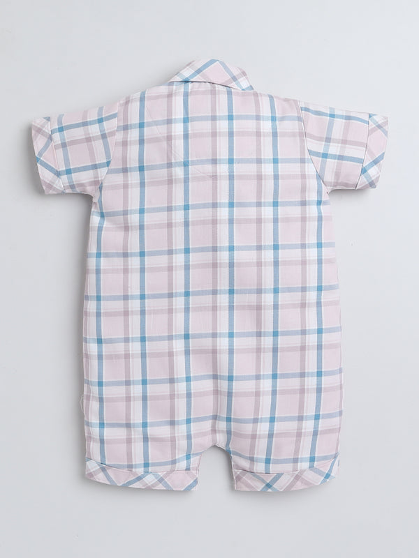 Polka Tots Half Sleeve Checks print Shirt Romper with Bow - Mauve