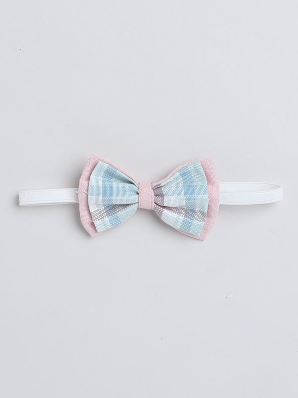 Polka Tots Half Sleeve Checks print Shirt Romper with Bow - Turquoise