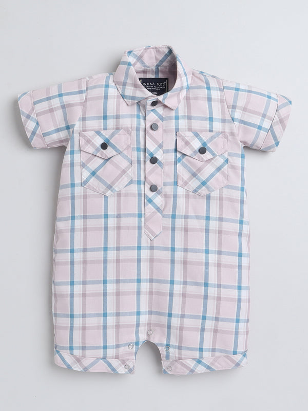 Polka Tots Half Sleeve Checks print Shirt Romper with Bow - Mauve