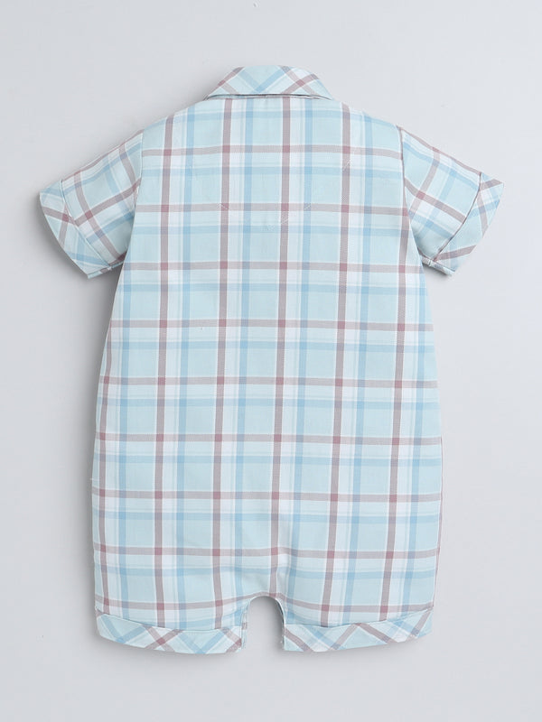 Polka Tots Half Sleeve Checks print Shirt Romper with Bow - Turquoise