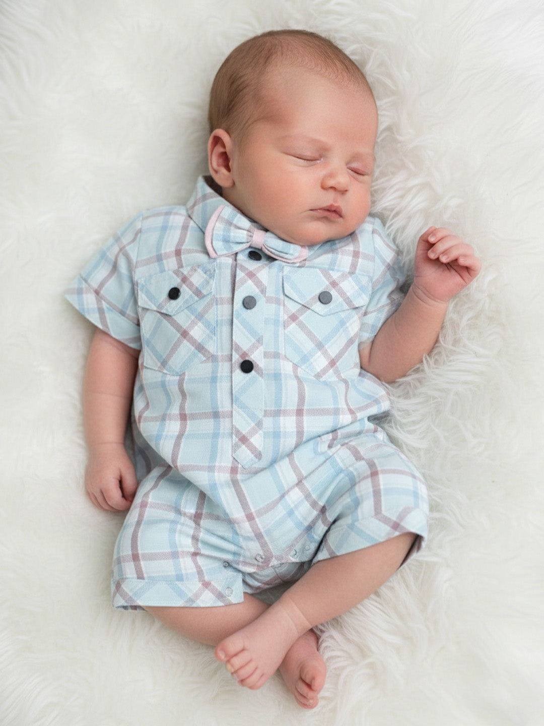 Polka Tots Half Sleeve Checks print Shirt Romper with Bow - Turquoise