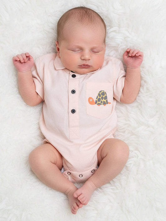 Polka Tots Half sleeve Shirt Romper With Pocket Turtle Sticker - Peach