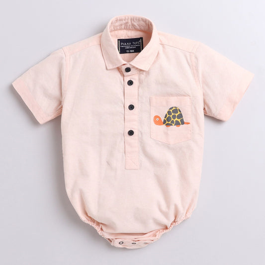 Polka Tots Half sleeve Shirt Romper With Pocket Turtle Sticker - Peach