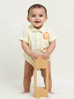 Polka Tots Half sleeve Shirt Romper With Pocket Lion Sticker - Yellow