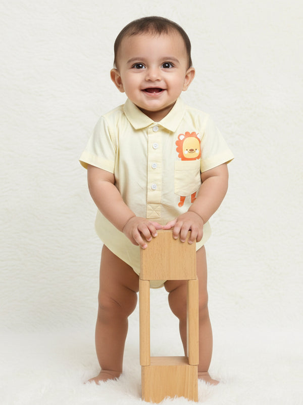 Polka Tots Half sleeve Shirt Romper With Pocket Lion Sticker - Yellow