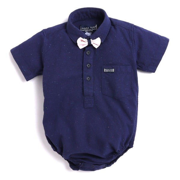 Polka Tots Half Sleeve Print Shirt Romper With Bow Tie - Navy
