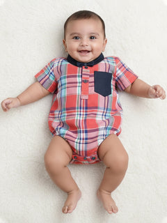 Polka Tots Half Sleeve Shirt Romper Denim Collar Denim Pocket - Red