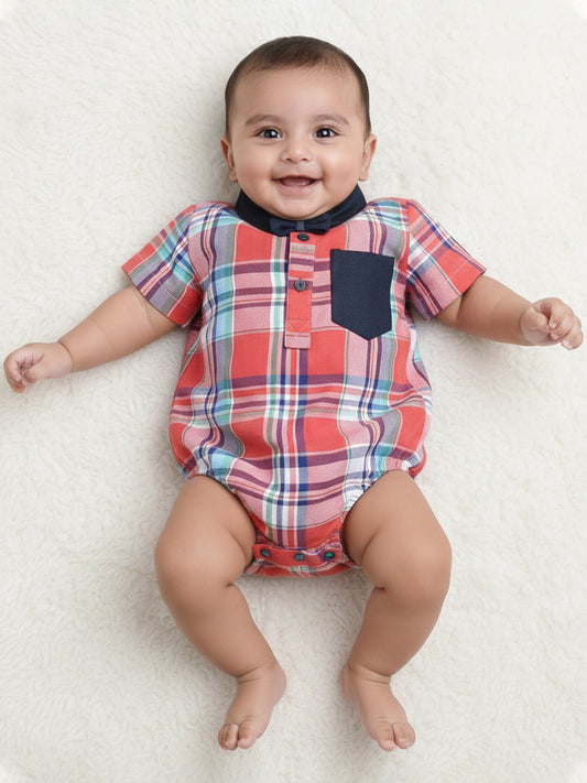 Polka Tots Half Sleeve Shirt Romper Denim Collar Denim Pocket - Red