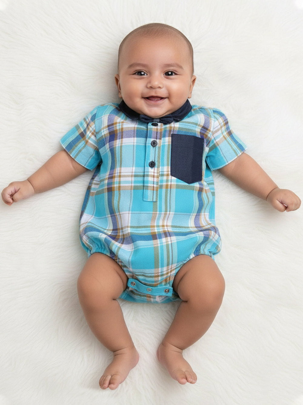 Polka Tots Half Sleeve Shirt Romper Denim Collar Denim Pocket - Blue