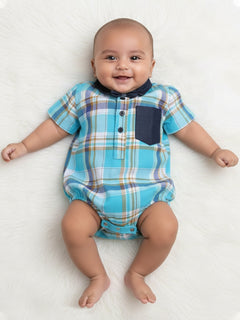 Polka Tots Half Sleeve Shirt Romper Denim Collar Denim Pocket - Blue