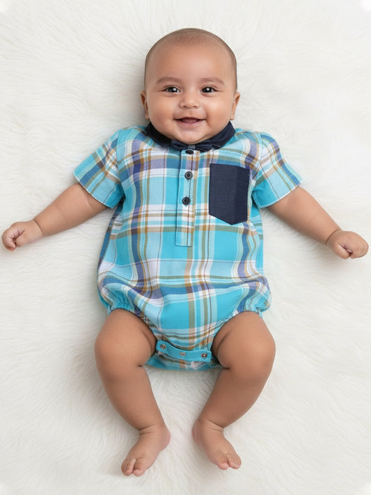 Polka Tots Half Sleeve Shirt Romper Denim Collar Denim Pocket - Blue