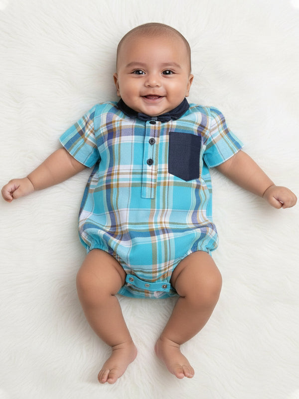 Polka Tots Half Sleeve Shirt Romper Denim Collar Denim Pocket - Blue