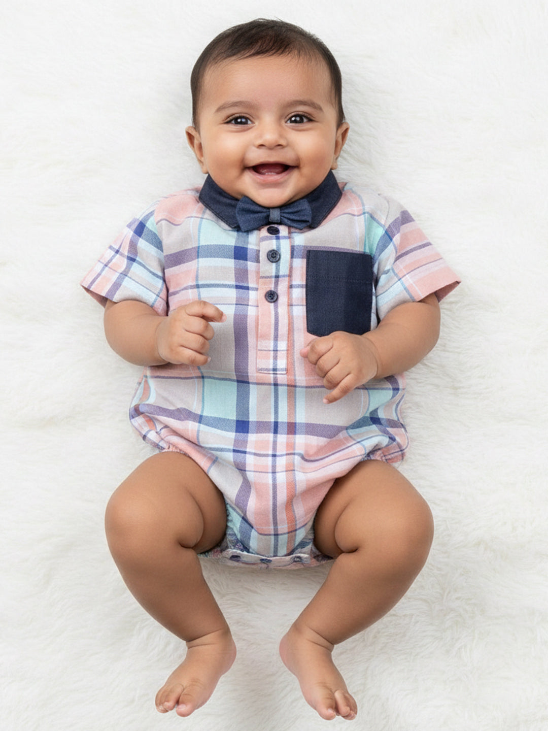 Polka Tots Half Sleeve Shirt Romper Denim Collar Denim Pocket - Peach