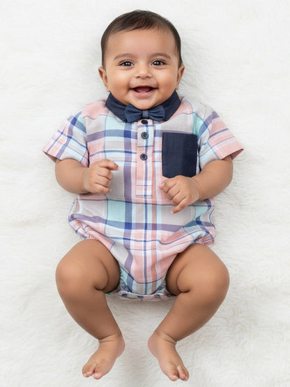 Polka Tots Half Sleeve Shirt Romper Denim Collar Denim Pocket - Peach