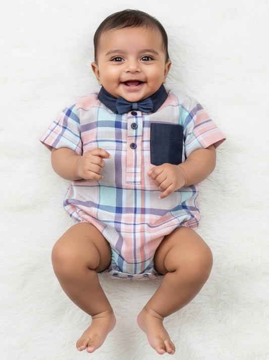 Polka Tots Half Sleeve Shirt Romper Denim Collar Denim Pocket - Peach