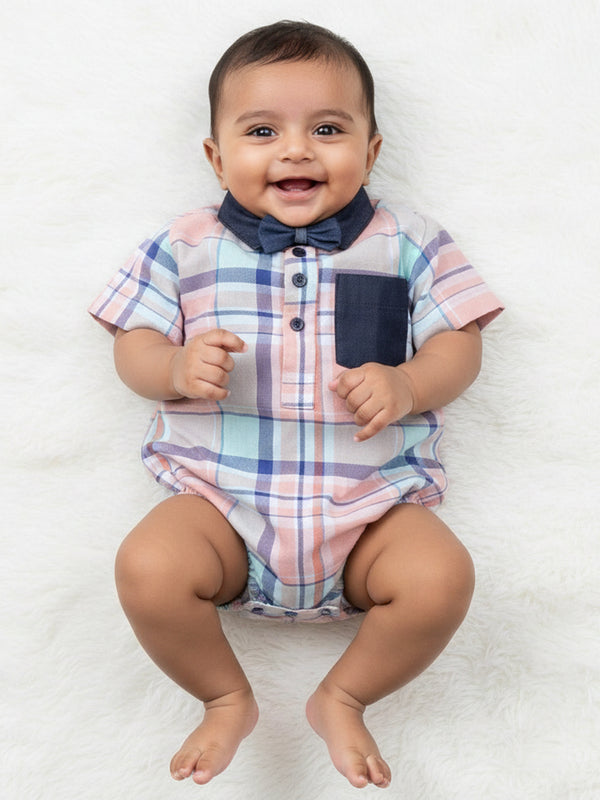Polka Tots Half Sleeve Shirt Romper Denim Collar Denim Pocket - Peach