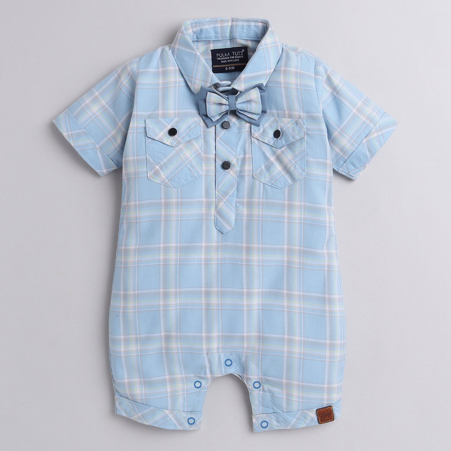 Polka Tots Cotton Half Sleeve Checks Party Wear Shirt Romper With Dual Bow - Sky Blue