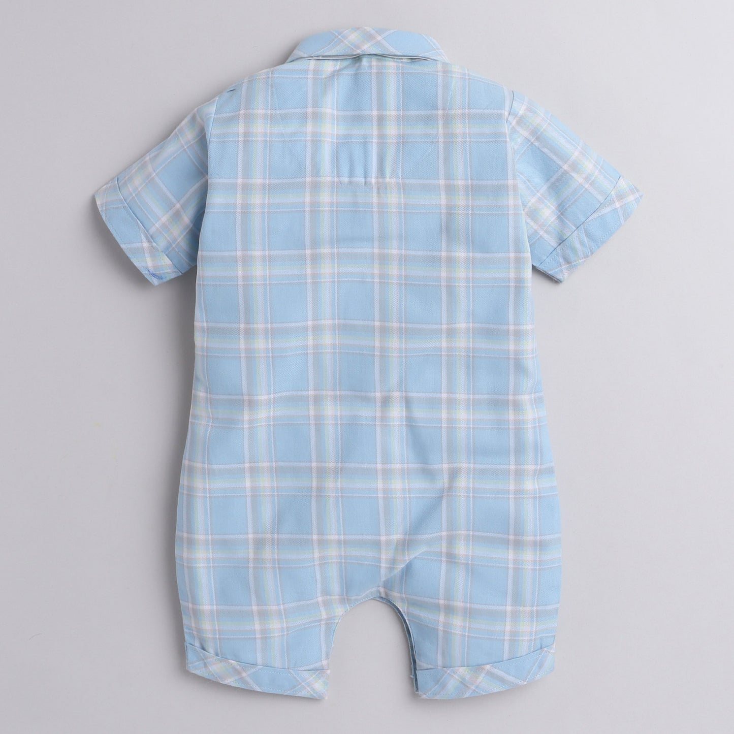 Polka Tots Cotton Half Sleeve Checks Party Wear Shirt Romper With Dual Bow - Sky Blue