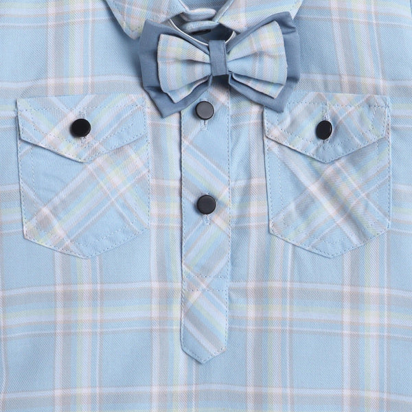Polka Tots Cotton Half Sleeve Checks Party Wear Shirt Romper With Dual Bow - Sky Blue