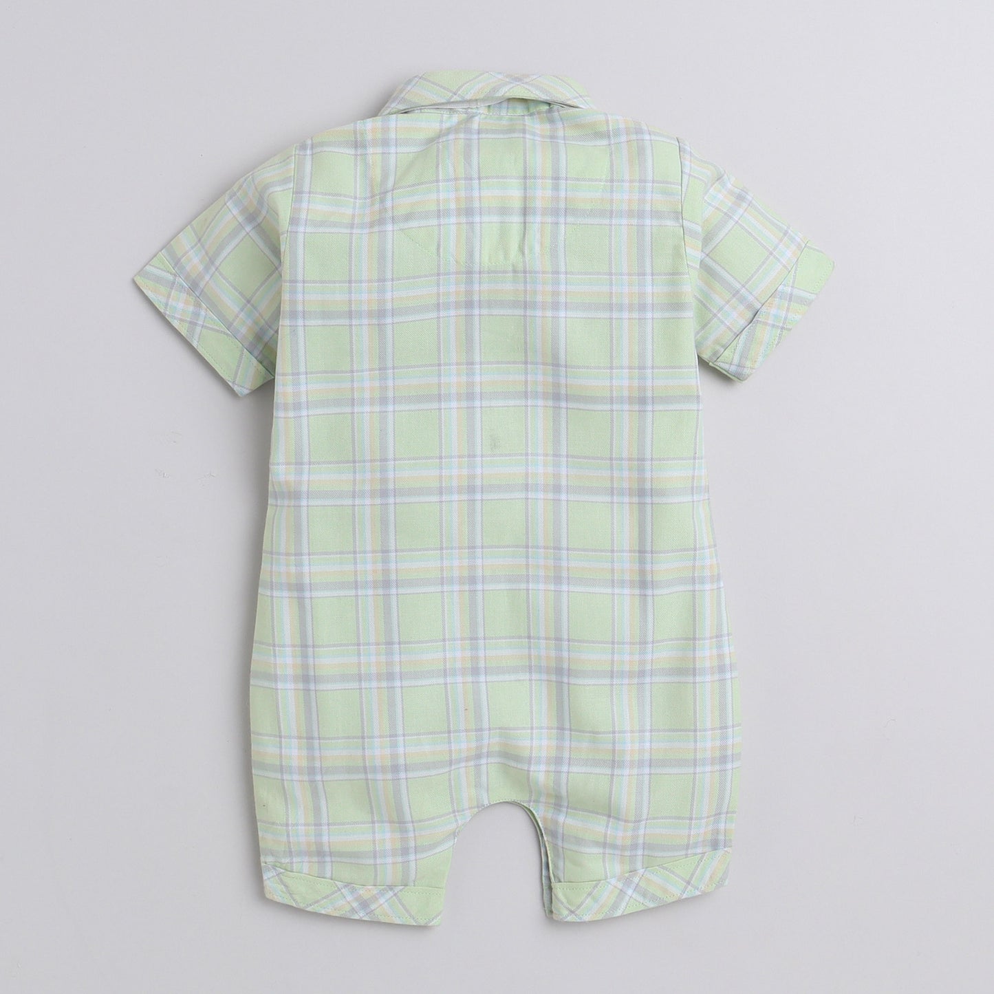 Polka Tots Cotton Half Sleeve Checks Party Wear Shirt Romper With Dual Bow - Light Green