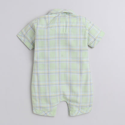 Polka Tots Cotton Half Sleeve Checks Party Wear Shirt Romper With Dual Bow - Light Green