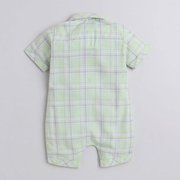 Polka Tots Cotton Half Sleeve Checks Party Wear Shirt Romper With Dual Bow - Light Green