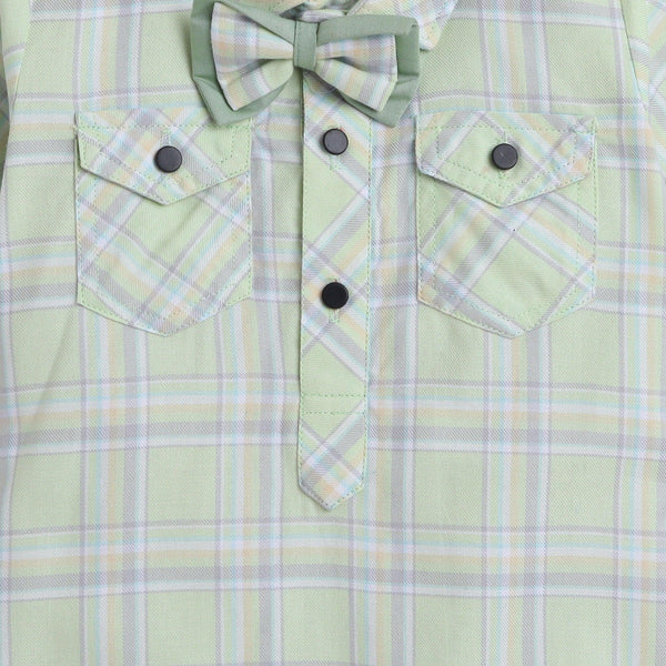 Polka Tots Cotton Half Sleeve Checks Party Wear Shirt Romper With Dual Bow - Light Green