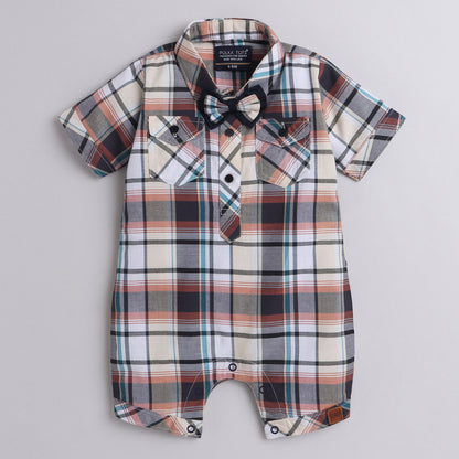 Polka Tots Cotton Half Sleeve Checks Party Wear Shirt Romper With Dual Bow - Black & Yellow