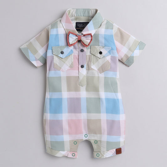 Polka Tots Cotton Half Sleeve Checks Party Wear Shirt Romper With Dual Bow - Pista Green & Pink