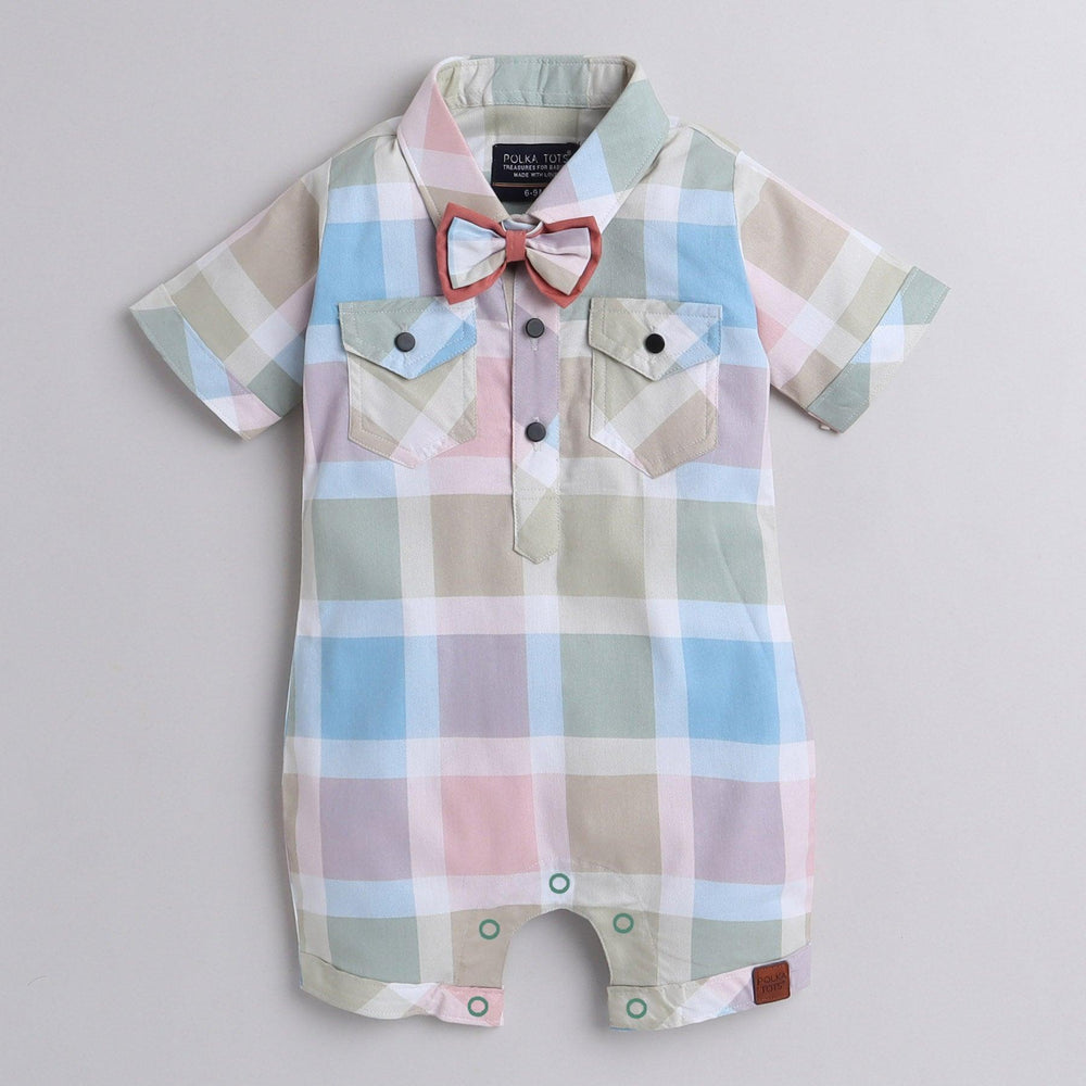 Polka Tots Cotton Half Sleeve Checks Party Wear Shirt Romper With Dual Bow - Pista Green & Pink