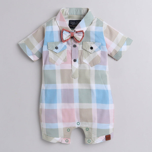 Polka Tots Cotton Half Sleeve Checks Party Wear Shirt Romper With Dual Bow - Pista Green & Pink
