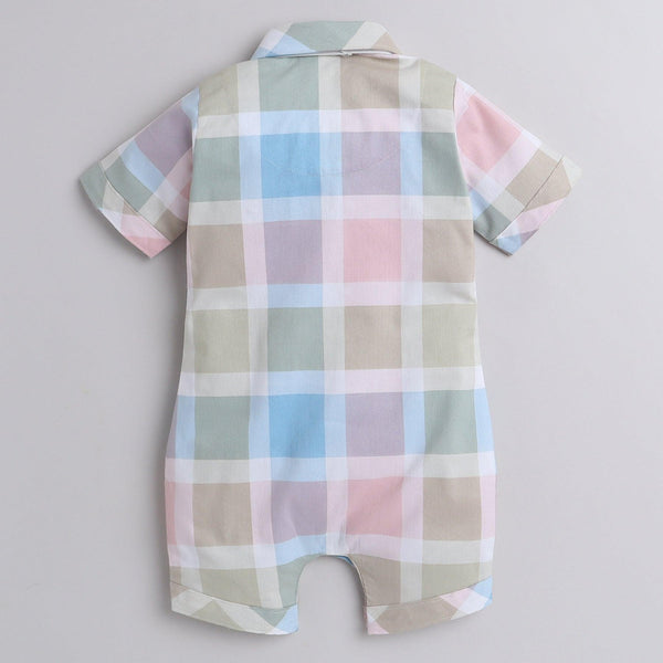 Polka Tots Cotton Half Sleeve Checks Party Wear Shirt Romper With Dual Bow - Pista Green & Pink