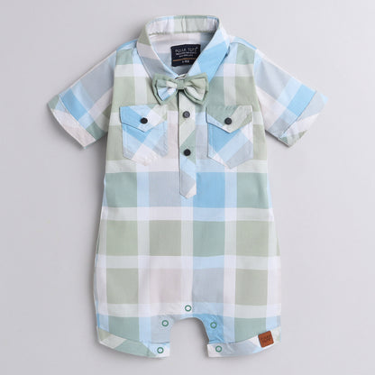 Polka Tots Cotton Half Sleeve Checks Party Wear Shirt Romper With Dual Bow - Pista Green & Blue